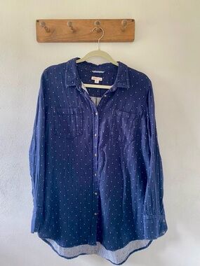 Merona Navy Dotted Long-Sleeve Button Down Shirt, 100 Cotton, XXL